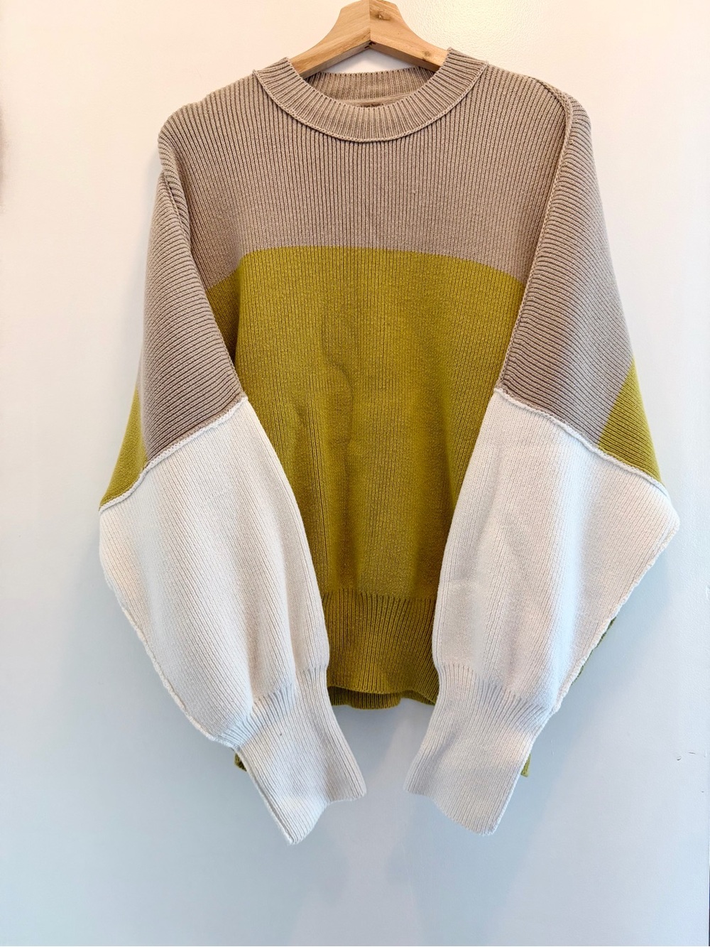 Free People Color-block Oversize Crewneck Sweater Beige, Olive,&White Size Small